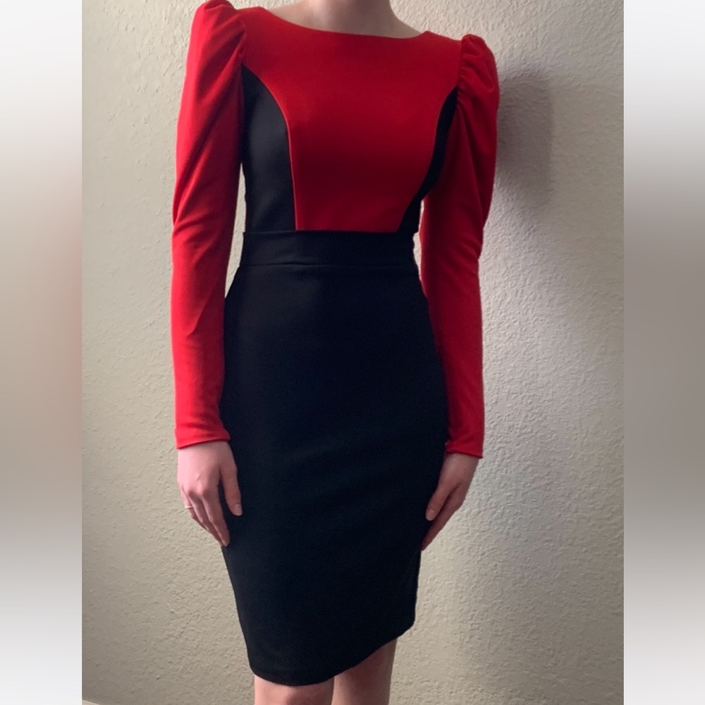 Fernando Wong Red/Black Colorblock Puff Sleeve Dress